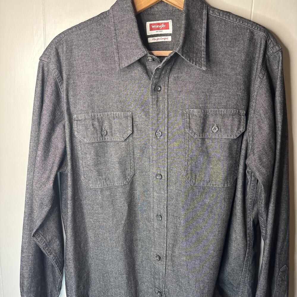 Wrangler Men's Shirt M Comfort Flex Gray Chambray Long Sleeve Button Collared